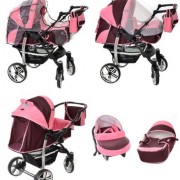 Baby-Sportive-Sistema-de-viaje-3-en-1-silla-de-paseo-carrito-con-capazo-y-silla-de-coche-RUEDAS-GIRATORIAS-y-accesorios-color-granate-rosa-0-5