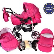 Baby-Sportive-Sistema-de-viaje-3-en-1-silla-de-paseo-carrito-con-capazo-y-silla-de-coche-RUEDAS-GIRATORIAS-y-accesorios-color-rosa-lunares-0