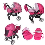 Baby-Sportive-Sistema-de-viaje-3-en-1-silla-de-paseo-carrito-con-capazo-y-silla-de-coche-RUEDAS-GIRATORIAS-y-accesorios-color-rosa-lunares-0-5